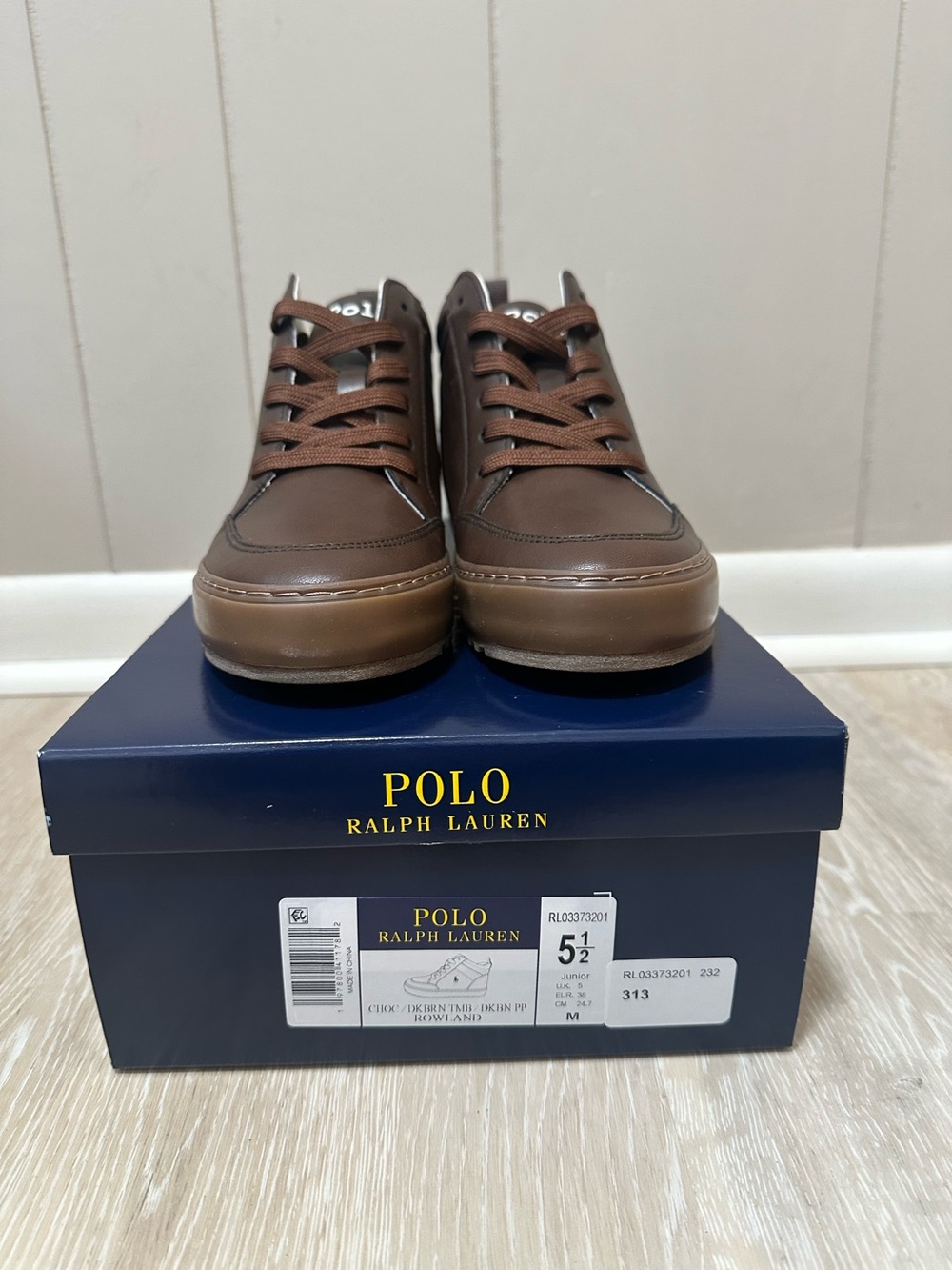 Polo Ralph Lauren Boy’s Rowland Leather Lace Up Sneakers Pony Dark Brown SZ 5.5